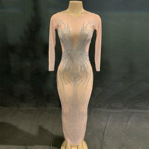 Women Sexy Stage Net Yarn See Through Maxi Dresses Sparkling Crystals Nightclub Party Stage Wear Dancer Singer Bling Outfit