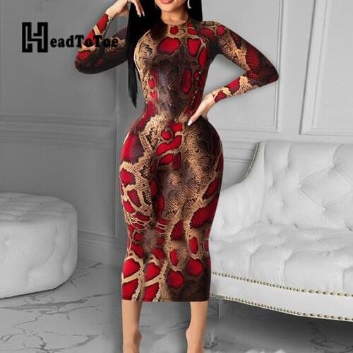 Snake Pattern Colorblock Print Sexy Club Dresses for Women Full Sleeve Round Neck Mid-calf Slim Dress Women