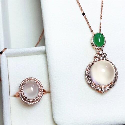 Jadery 100% Vintage Rose Gold 925 Sterling Silver Ring Necklace Natural Jade Emerald Gemstone Jewelry Sets Women Fine Jewelry