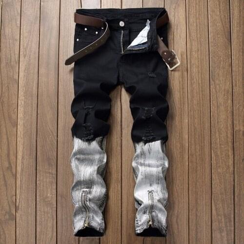 C1303-5 2020 new spring autumn Mens fashion hole European and American style leg zipper coating jeans cheap wholesale