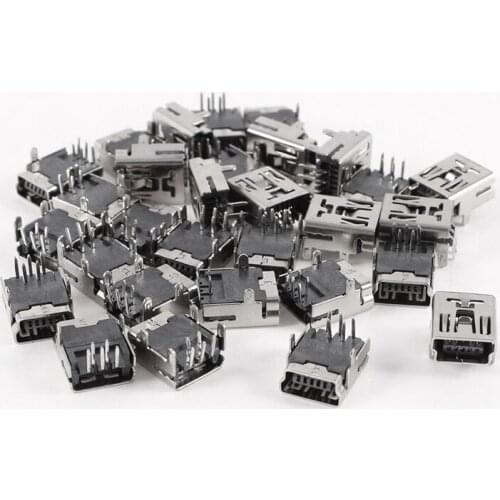 30 Pcs Mini USB Type B Female Socket 5-Pin Right Angle DIP Jack Connector