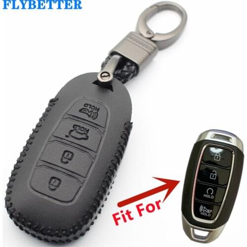 FLYBETTER Genuine Leather 4Button Smart Key Case Cover For Hyundai Santa Fe TM/Palisade/Grandeur/Azera/Elantra GT/Kona L536