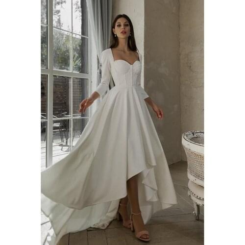 Ivory Satin Chiffon Sweetheart Long Sleeves Floor-Length A-Line Wedding Dresses Chapel Train Custom Made