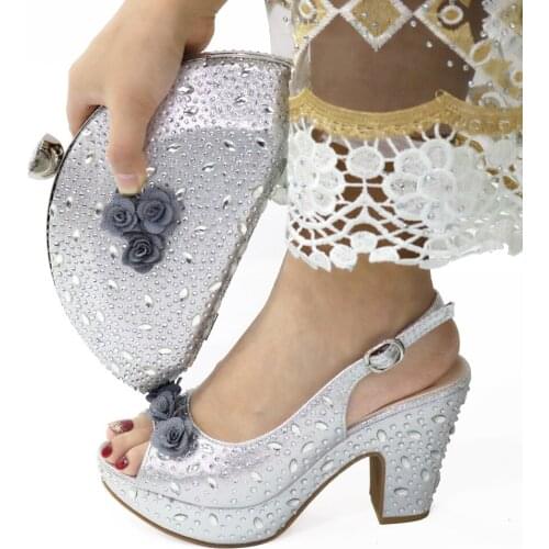 Doershow fashion silver Italian Shoes With Matching Bags African Women Shoes and Bags Set For Prom Party Summer Sanda HDG1-11