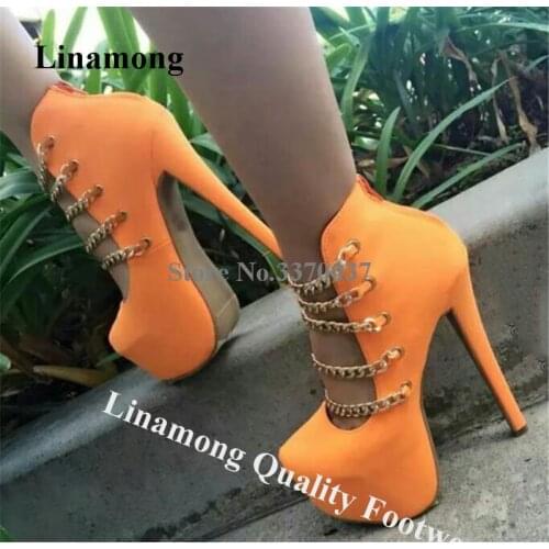 Linamong Spring Newest Round Toe Gold Chains Decorated Stiletto Heel Pumps Orange Yellow Suede High Platform Heels Club Shoes