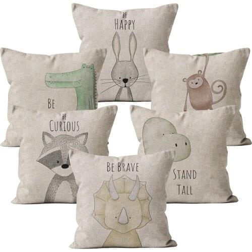 Cute Animal Throw Pillow Case Cartoon Cushion Cover Beige Linen Car Decor Home Decoration 45x45 40*40 Decorative Pillowcase