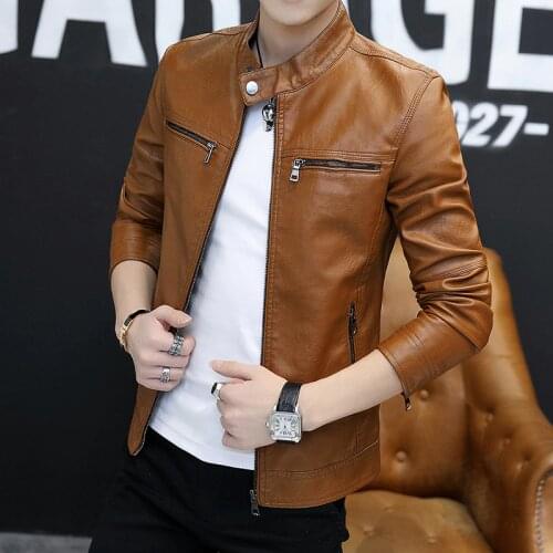 2022 Men Autumn Season Stand Collar Leather Coat Youth New Style Slim Fit Trend Handsome Mens Casual Leather Jacket