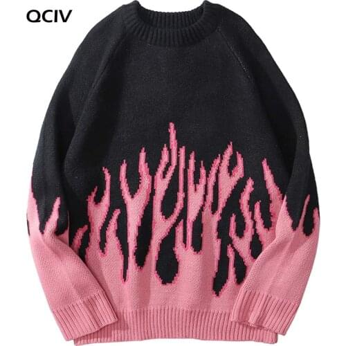 Mens Sweaters Streetwear Retro Women Pink Flame Knitted Pullover Sweater Tops Hip Hop New Pull Over Casual Harajuku Sweatshirts