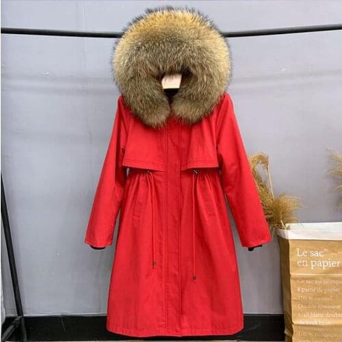 Real Fur Coat, Natural Raccoon Fur Collar Warm Big Leather Coat, Detachable Womens Long Parka Coat Womens Fashion Winter Coat