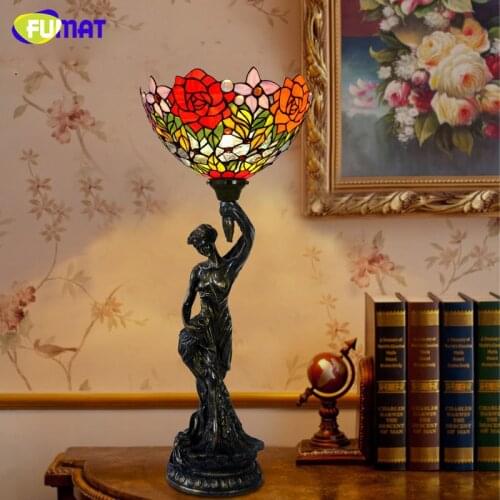 FUMAT Glass Table Lamp European Style Creative Art Stained Glass Tulip Roses Hot Air Balloon Bedside Light Home Decoration Lamps