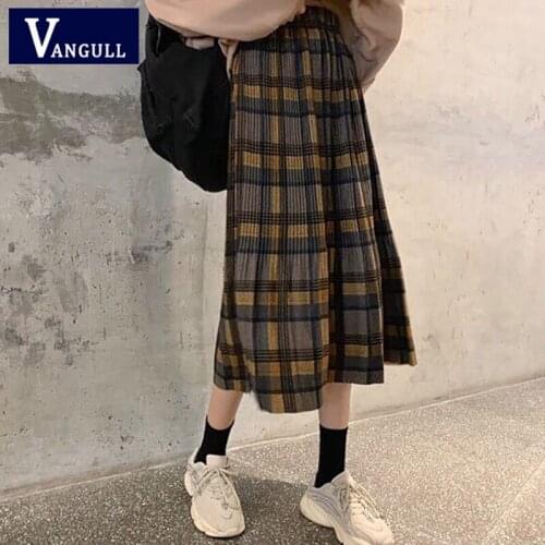 Vangull Elastic High Waist Plaid Skirt Women Korean Version Spring Autumn New Slim Pleated Skirt Mid-Length Female vintage Skirt