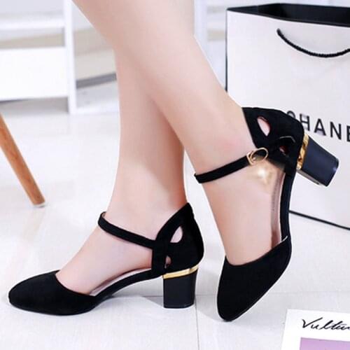 Women Classic High Quality Black Suede Square Heel Shoes Lady Fashion Pink Comfort Spring High Heel Shoes Zapato Tacon G5986