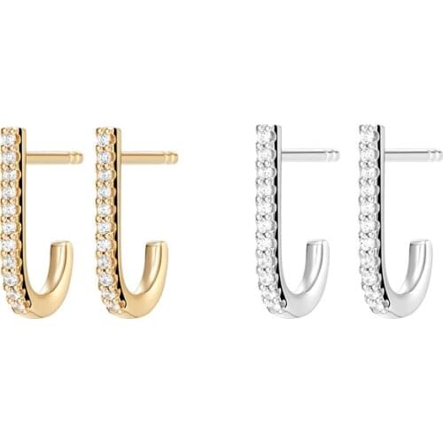 SLJELY Fashion Real 925 Sterling Silver Gold Color Hook J Shaped Stud Earrings Micro Zircon Women Fine Party Brand Jewelry Gift