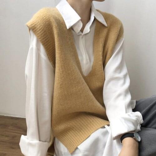 2021 Autumn New V-neck Women Sweater Vest Pullovers Sleeveless Loose Solid Color Knitted Vest Asymmetric Casual Sweater Tops