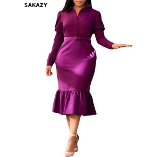 European Style Dresses For Women 2021 Elegant Solid High Waist Bodycon Dress Autumn Vintage Turn-down Collar Trumpet Party Dress