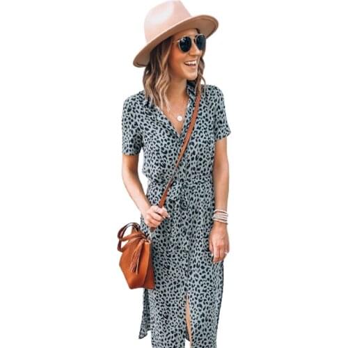 Womens new summer print leopard print button lace split dress casual belt lapel short sleeve knee-length party commuter dress