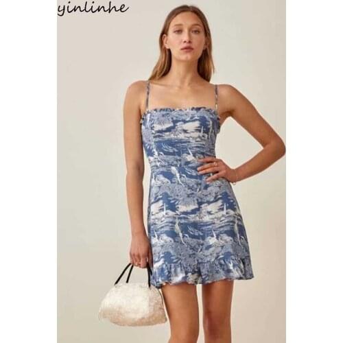 Yinlinhe Blue Print Slash Neck Sexy Dress Women Backless Summer Dress High Waist Slim Bodycon Dresses Ruffles Club Wear 2190