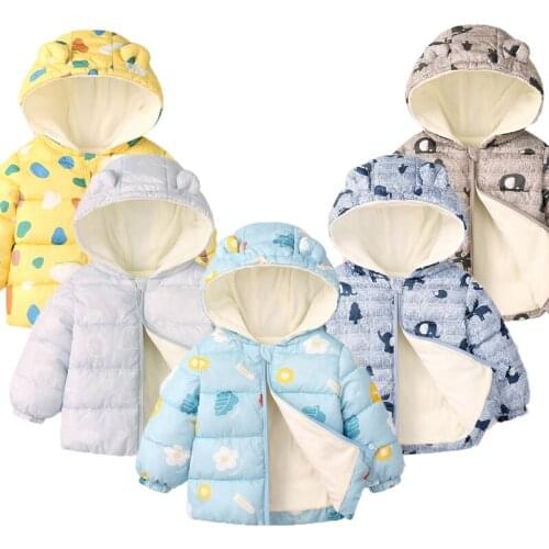 Winter Toddler Boys And Girls Jacket Ears Cute Cartoon Animal Pattern Plus Down Hooded Jacket For Children 2-6 Years Old