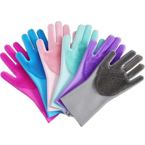 1Pair Silicone Cleaning Gloves Kitchen Reusable Silicone Dishwashing Glove for Household Bathroom Scrubber Rubber Bath Cleaner