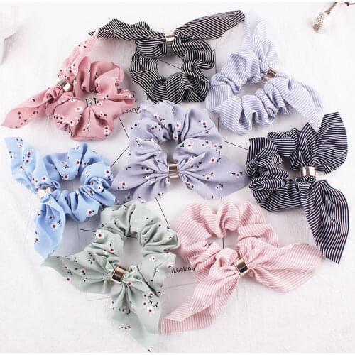 1PC Cute Rabbit Ear Stripe Floral Girls/Women Hair Accessories Hair Bow Tie Scrunchie Elastic Ponytail Holder Hair Elastic Bands