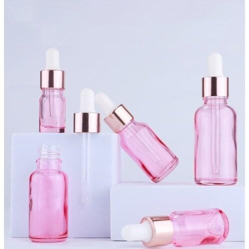 100pcs 5-100ml Pink Purple Cosmetic Packaging Dropper Glass Bottle With Rose Gold Cover Essential Oil Refillable Bottles