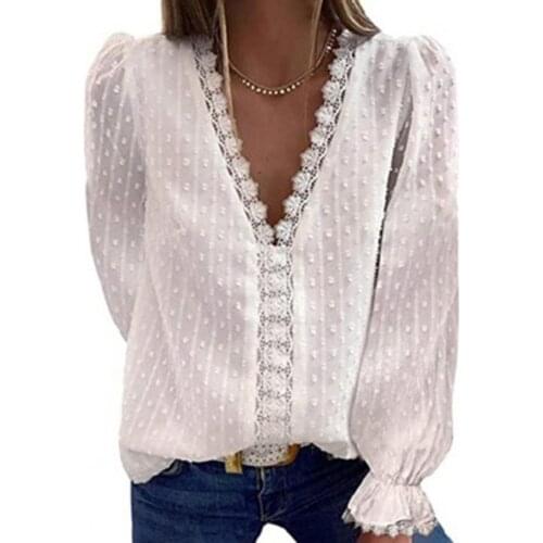 65% Dropshipping!!Women shirt lace stitching V-neck solid color long-sleeved chiffon top
