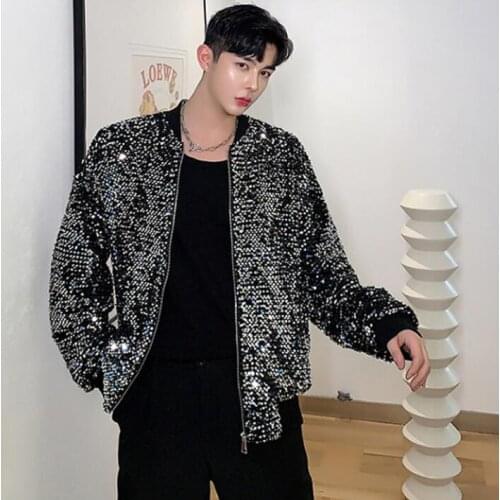 Black sequins jacket men casual clothes mens Glossy jackets loose coats jaqueta masculina singer stage B493