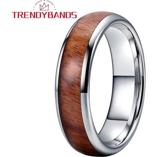 6MM Koa Wood Inlay Tungsten Ring For Men Women Wedding Band Domed Polished Shiny Comfort Fit