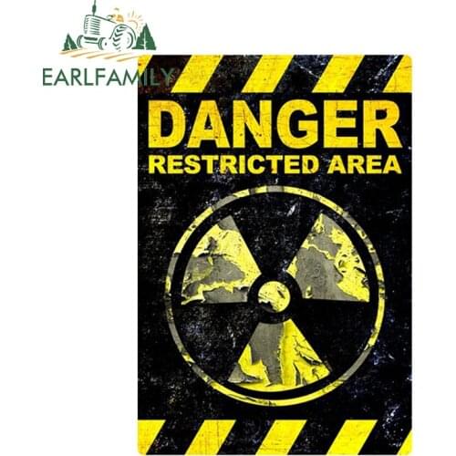 EARLFAMILY 12cm x 8.2cm DANGER Restricted Area Funny Car Stickers GRUNGE FS980 Radiation Sign Vinyl Reflective Decal