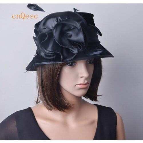 Wholesale Elegant NEW black Velvet Hats Satin wedding womens hat Kentucky Derby with feathers.Brim width 7cm.FREE SHIPPING
