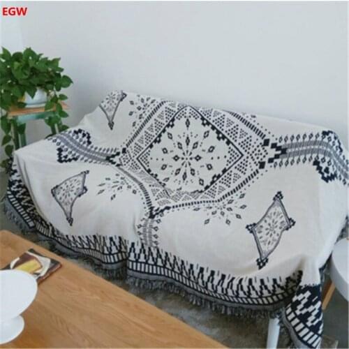 Europe Geometric Throw Blanket Cotton White&Blue AB Side Tassel Bed Sofa Chair Cover Tapestry Multifunction Home Decor Textile