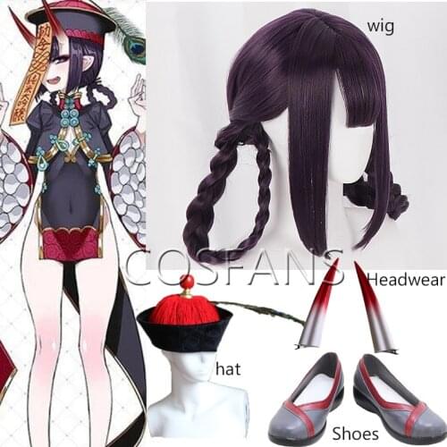 FGO Fate Grand Order Shuten-douji Zombie Wig Cheongsam Braids Cosplay Synthetic Purple Hair for Adult Halloween Wig hat Headw