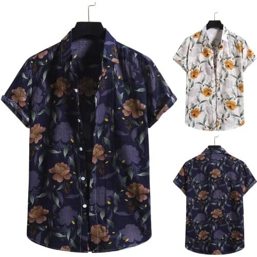 New Fashion Hawaiian Shirt Men Cotton Linen Print Short Sleeve Button Shirt Mens Vintage Clothes Blouse Top Chemise Homme