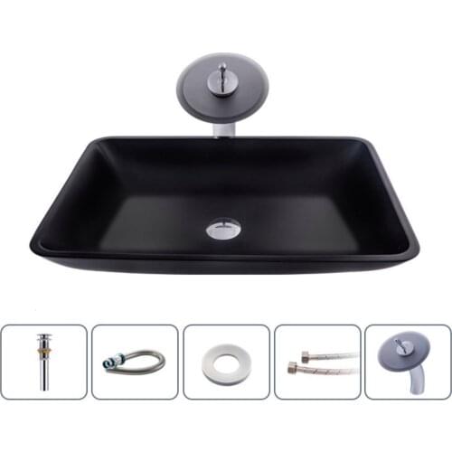 Tempered Glass Art Wash Basin Bathroom Washbasin With Drainer + Drain Pipe and Faucet 460*330*110mm
