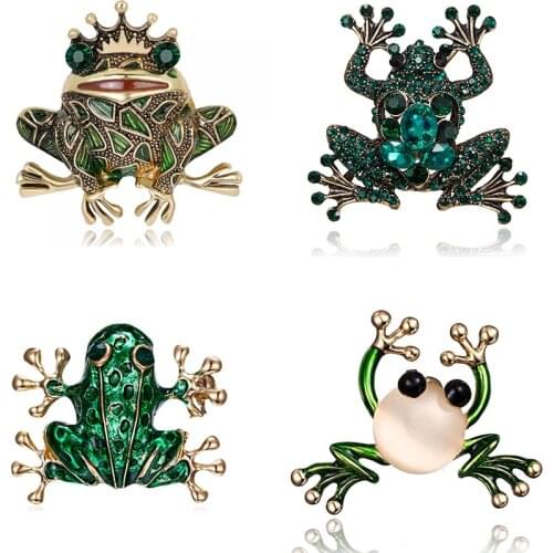 Classic Vintage Green Crystal Rhinestones Metal Frog Brooch Pins for Women Men Collar Pins Luxury Party Jewelry Coat Accessories