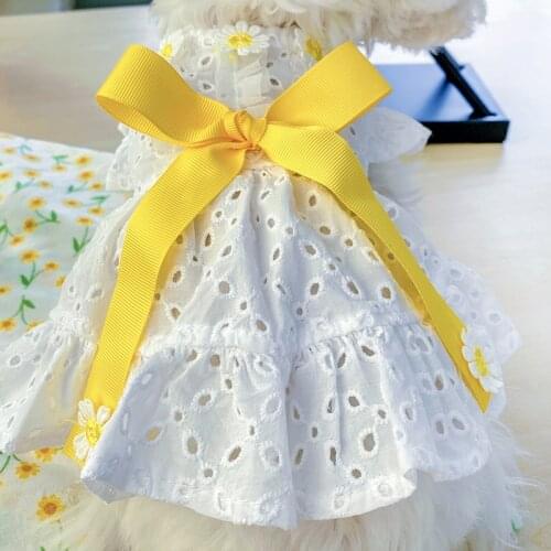Lovely White Color Hollow Out Girl Dog Fancy Dress Mini Floral Spring Summer Small Dog Clothes Breathable Dresses for Cats