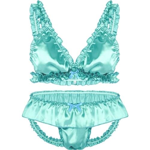 Mens Soft Satin Ruffled Frilly Bra Top Sissy Skirted Bikini Briefs Lingerie Set Sexy Gay Bra Top Open Back Briefs Girly Costume