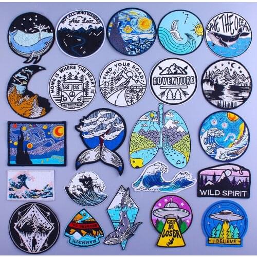 Prajna Adventure Mountain Explorer Patches Outdoor Embroideried Patches For Clothing Iron On Patches For Clothes Stripe Van Gogh