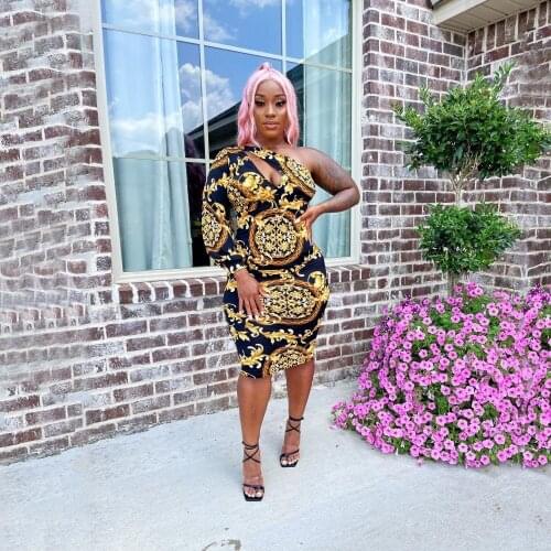 Cutubly Slim Womens Dresses Printing Bodycon Elastic Waist Dress One Shoulder Long Sleeve Hollow Out Sexy Hole Autumn Vestidos