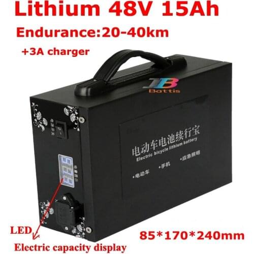 Portable 48v lithium battery electric bike 48V 15AH Li polymer + LED 3A Charger for electric bicycle Emergency lighting LED EV