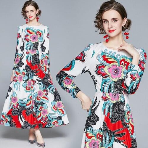 Long Sleeve New Spring Autumn Winter Ethnic Style Vintage Floral Print Maxi Dress Fashion O Neck Elegant Tunic Slim A-Line Dress