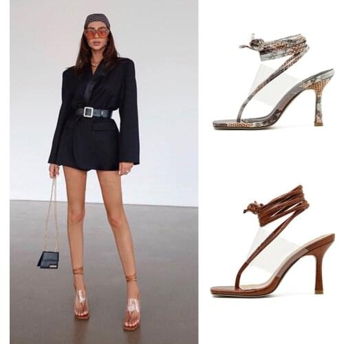 Serpentine clear heel gladiator sandals woman summer shoes transparent PVC lace up square toe sandals flip-flop ladies shoes