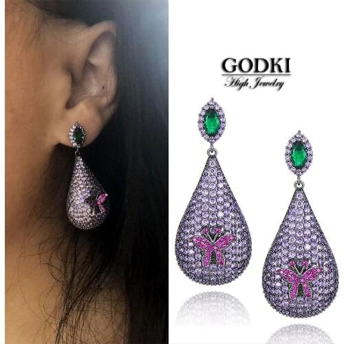 GODKI Trendy Luxury Butterfly Waterdrop Dangle Earring for Women Wedding Full Micro CZ Cubic Zircon Long Earring Fashion Jewelry