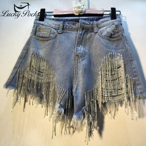 Women Summer Slim Blue Solid Color Diamonds Ripped Tassel Denim Mini Pants Ladies Plus Size Pans Female Brand Casual Pants ZM747