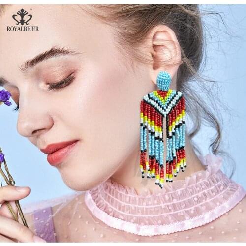 Ladies Fashion Bohemian Handmade Beads Long Tassel Pendant Earrings Ethnic Style Multicolor Beads Earrings Wedding Jewelry