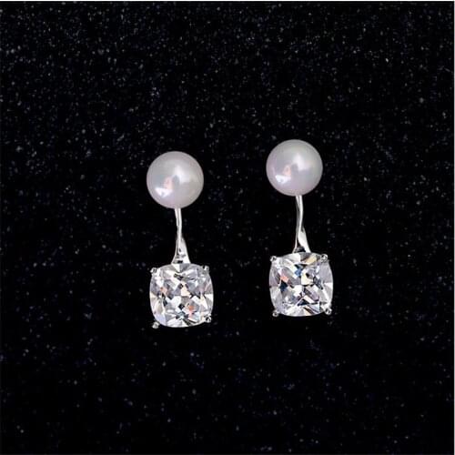 Luxury 925 Sterling Silver Pearl Squar Crystal CZ Zircon Stud Earrings For Women Wedding Engagement Piercing Jewelry ES368