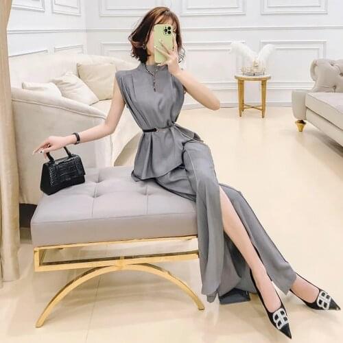 Hight Quality Summer Womens Sleeveless Slim With Sashes Suits 2 Pieces Elegant Lady Split Sexy Wide Leg Pants Suit