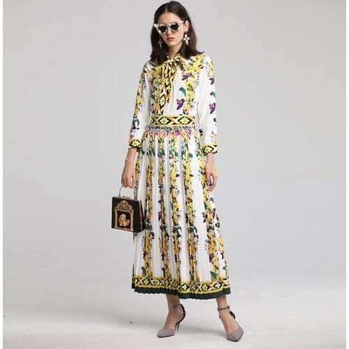 2021 spring autumn women quality dresses with bow yellow flower printed long pleated dress with sashes XXL dress