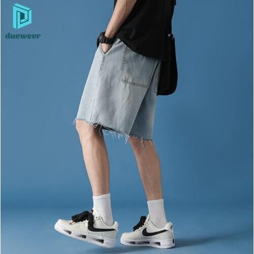 DUEWEER Men Denim Shorts Jeans Loose Baggy Casual Denim Pants Sraight Wide Leg Pants Black Blue Hip Hop Streetwear