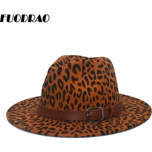 FUODRAO New Fashion Leopard Print Fedoras Wool Hats For Women Wide Brim Jazz Caps Men Vintage Panama Sombrero Cap F78